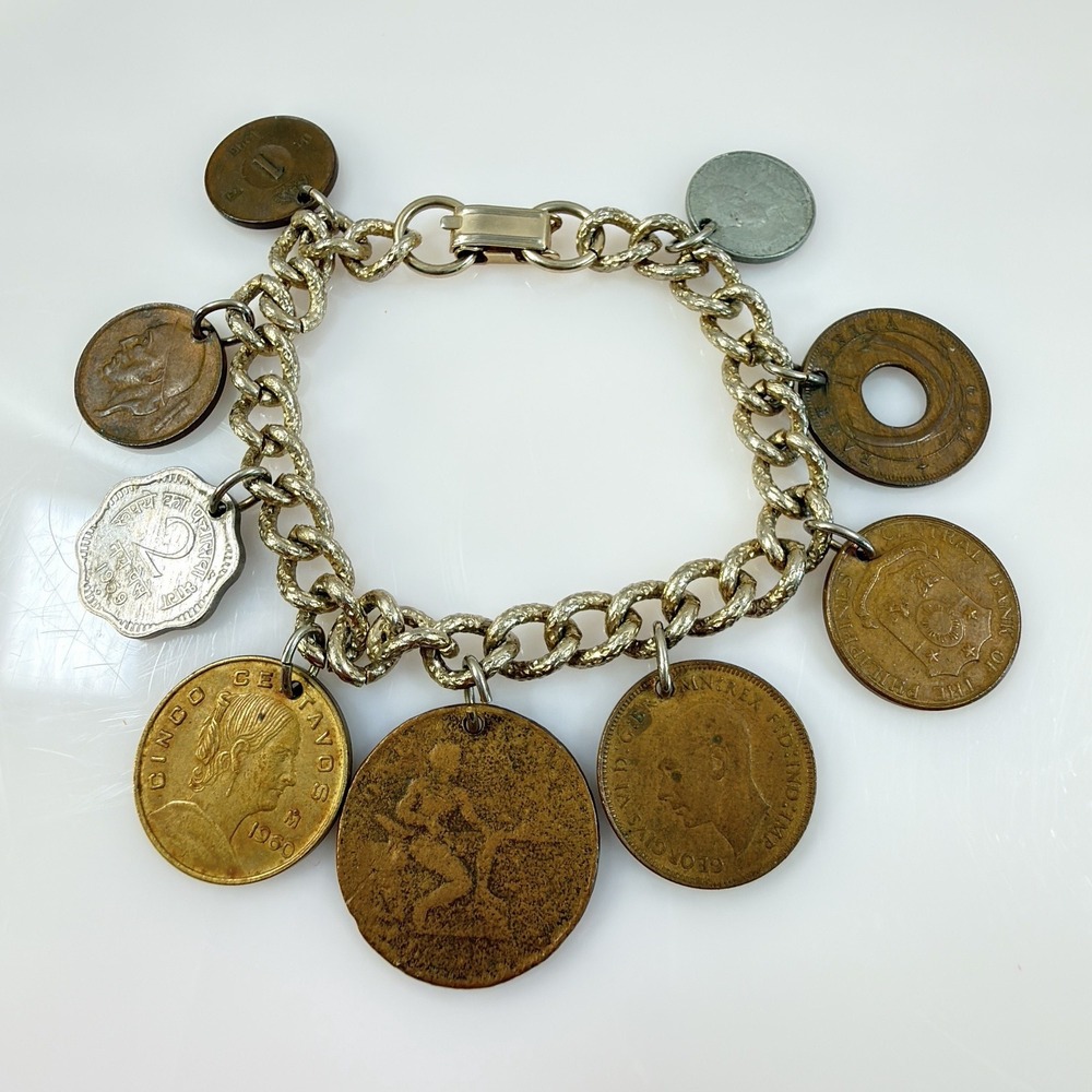 Vintage Coin Charm Bracelet World Travel India Philippines New Zealand Size 6.5"